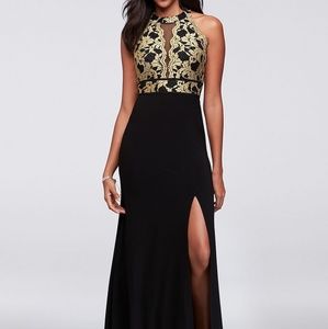 Morgan and Co Black and Gold Halter Evening Gown